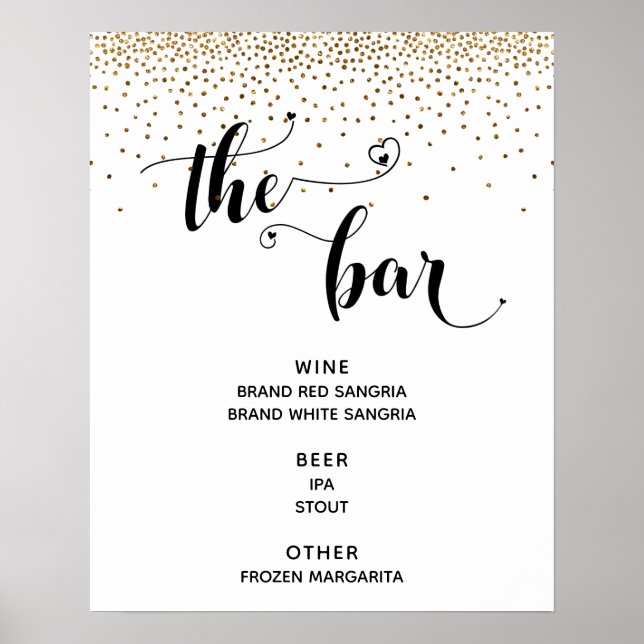 Affiche Script Coeur & Gold Confetti "The Bar" Menu Sign (Devant)