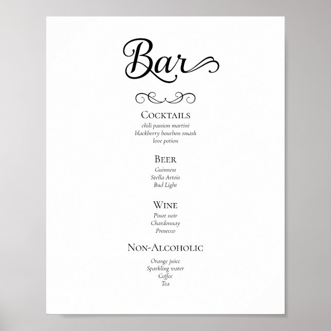 Affiche Script de calligraphie Mariage Boissons Menu Signe (Devant)