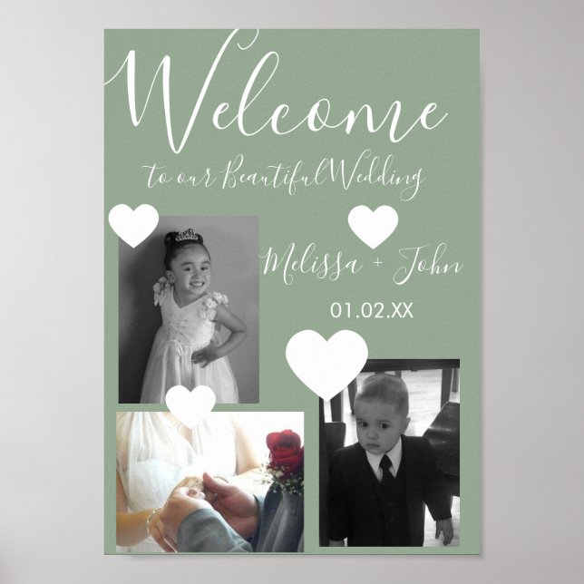 Affiche Script de collage photo de mariage trois et coeurs (Devant)