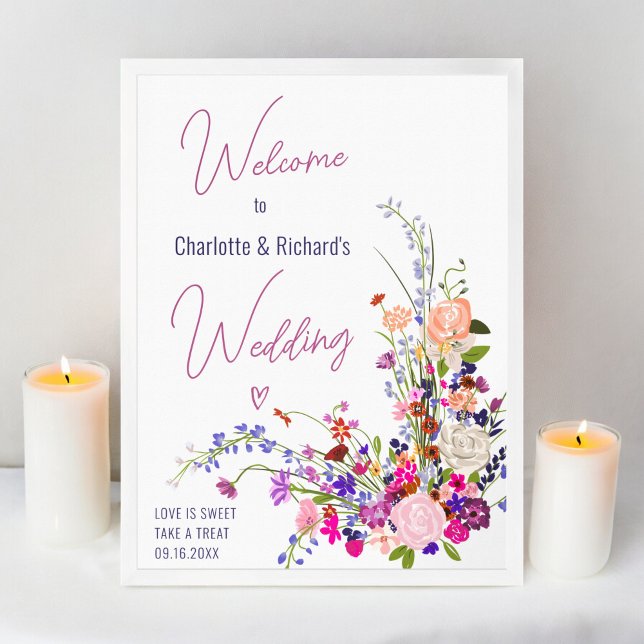 Affiche Script de fleurs sauvages moderne mariage accueil (Modern wild flowers script wedding welcome poster)