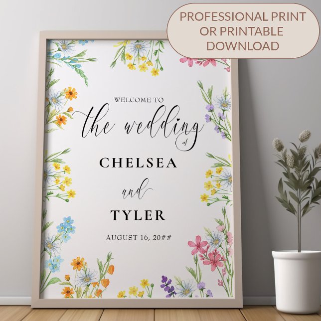 Affiche Script de mariage de bordure de fleurs de prairie  (Wedding Welcome Poster - printed or digital download - from my Wildflower Meadow Wedding Collection)