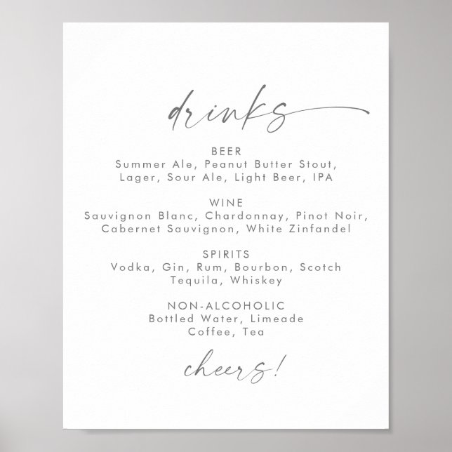 Affiche Script Mariage moderne Argent Boissons Menu Signer (Devant)