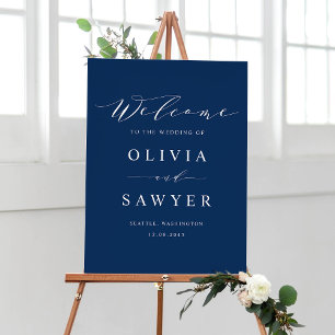 Affiche Script minimaliste Marine Mariage bleu Bienvenue