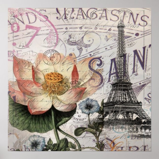 Affiche scripts french botanical lotus paris eiffel tower (Devant)