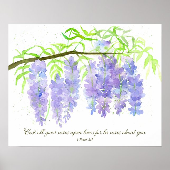 Affiche Scripture 1 Peter 5:7 Bible Verse Wisteria Flowers (Devant)