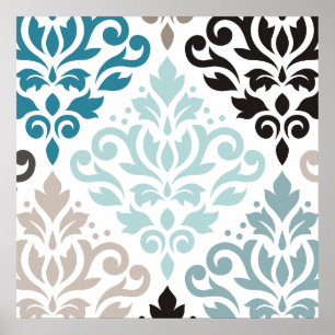 Affiche Scroll Damask XLg Motif Art Teals Browns White