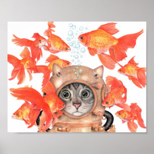 Affiche Scuba Cat Among the Fishes
