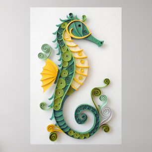 Affiche Sculpture de hippocampe enroulé vert et jaune fant