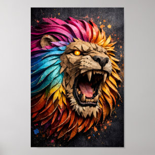 Affiche Sculpture de lion arc-en-ciel rugissant en papier 
