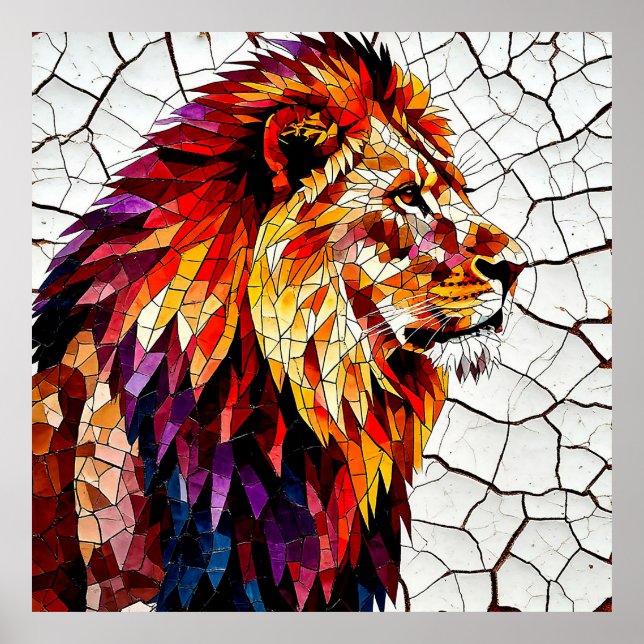Affiche Sculpture de lion en mosaïque colorée (Devant)