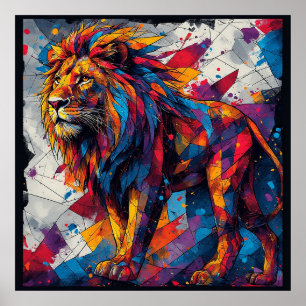 Affiche Sculpture de lion en mosaïque colorée