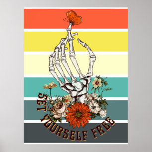 Affiche Se libérer - Squelette Fleurs Papillon