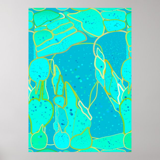 Affiche "Sea Grotto" abstrait - turquoise, bleu, or (Devant)
