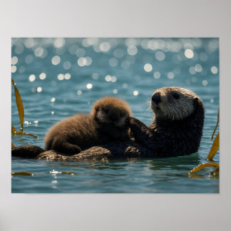 Affiche Sea Otter Mom & Pup Floating in Sparkling Ocean