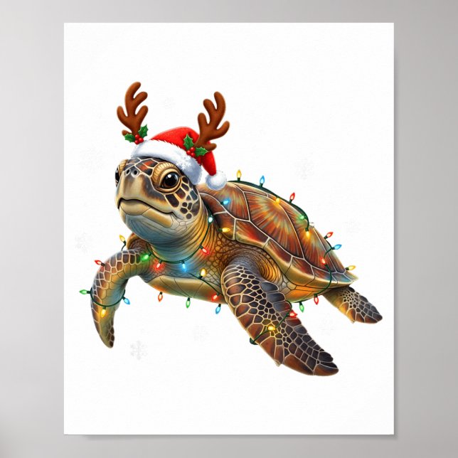 Affiche Sea Turtle Christmas Lights Funny Santa Hat Men Wo (Devant)