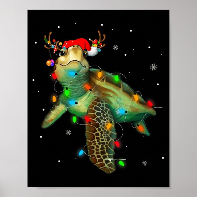 Affiche Sea Turtle Christmas Lights Funny Santa Hat Merry  (Devant)