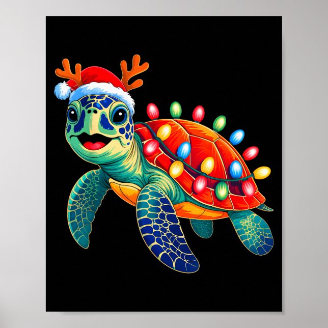 Affiche Sea Turtle Christmas Lights Santa Hat Xmas Family  (Devant)