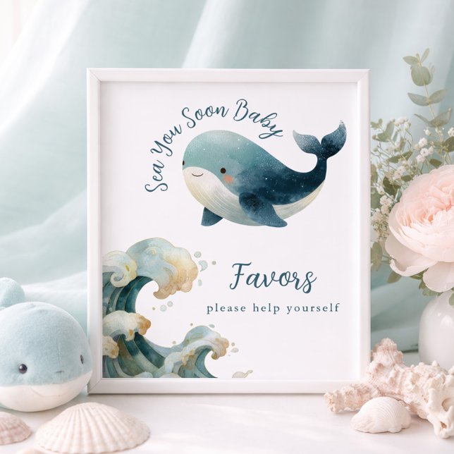 Affiche Sea You Soon Whale White Baby Shower Favors Sign (Créateur téléchargé)