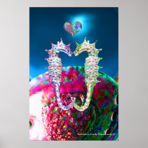 AFFICHE SEAHORSES IN LOVE AND PINK BLUE MOTHER OF PEARL