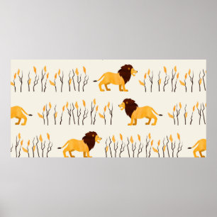 Affiche Seamless African pattern with cute lion. vintage w