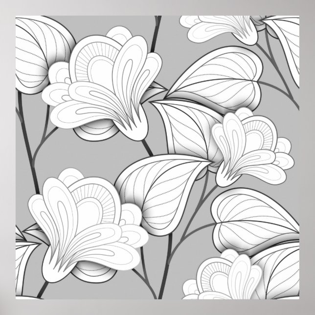 Affiche Seamless Monochrome Floral Pattern. Hand Drawn Flo (Devant)