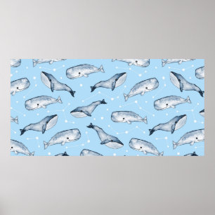 Affiche Seamless pattern with cute whales and stars. Water