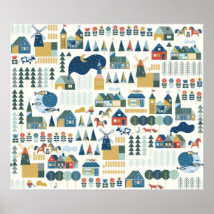 Affiche Seamless pattern with scandinavian village in past