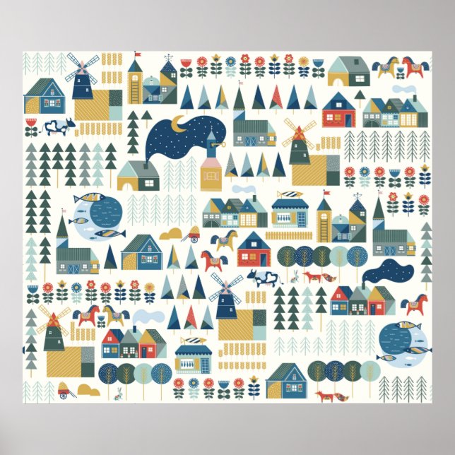 Affiche Seamless pattern with scandinavian village in past (Devant)