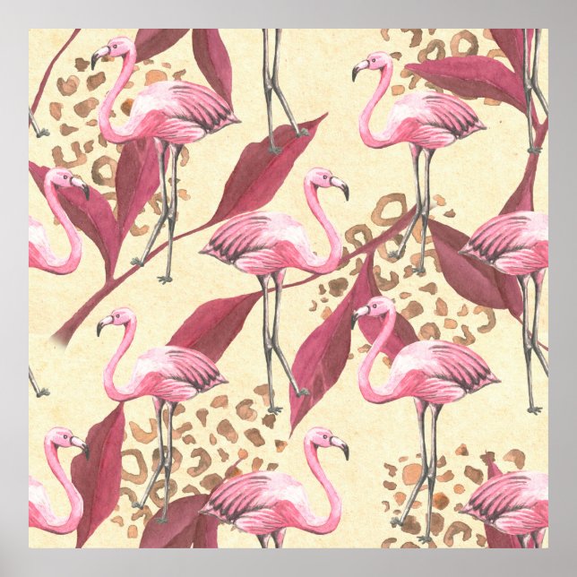 Affiche Seamless tropical pattern with pink flamingo, leav (Devant)
