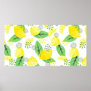 Affiche Seamless watercolor lemon pattern with fruits and 