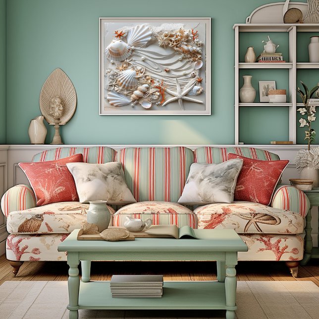 Affiche Seashell Starfish Pearls Sand Beach Été, (Créateur téléchargé)