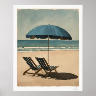Affiche Seaside Blue Umbrella and Beach Chairs Oil Paintin
