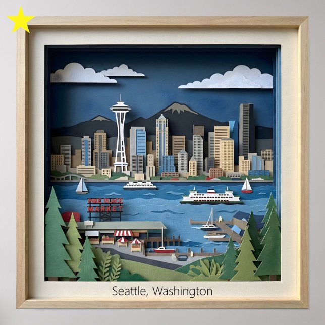 Affiche Seattle Washington America Layered Paper Art (Créateur téléchargé)