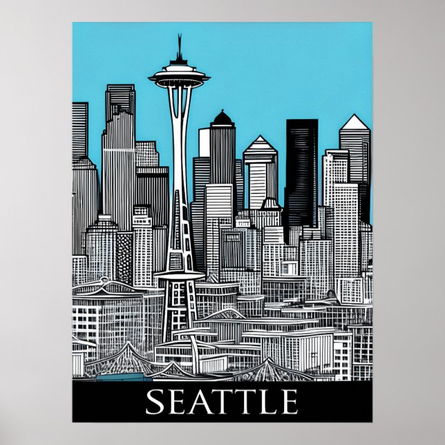 Affiche Seattle Washington Cityscape en noir et blanc (Devant)