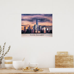 Affiche Seattle, Washington Cityscape, Labellisé,