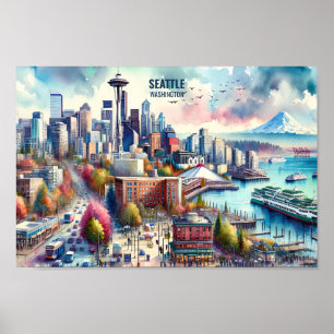 Affiche Seattle Washington Famous Travel Places aquarelle