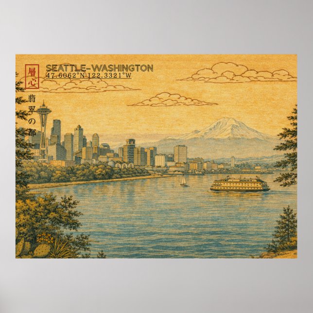 Affiche Seattle Washington Skyline in Japanese Ukiyo-e (Devant)