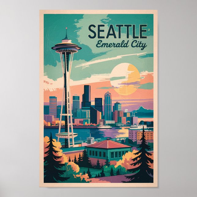 Affiche Seattle Washington Skyline Travel Art Vintage (Devant)