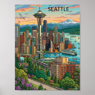 Affiche Seattle, Washington Vue de la ville de voyage vint
