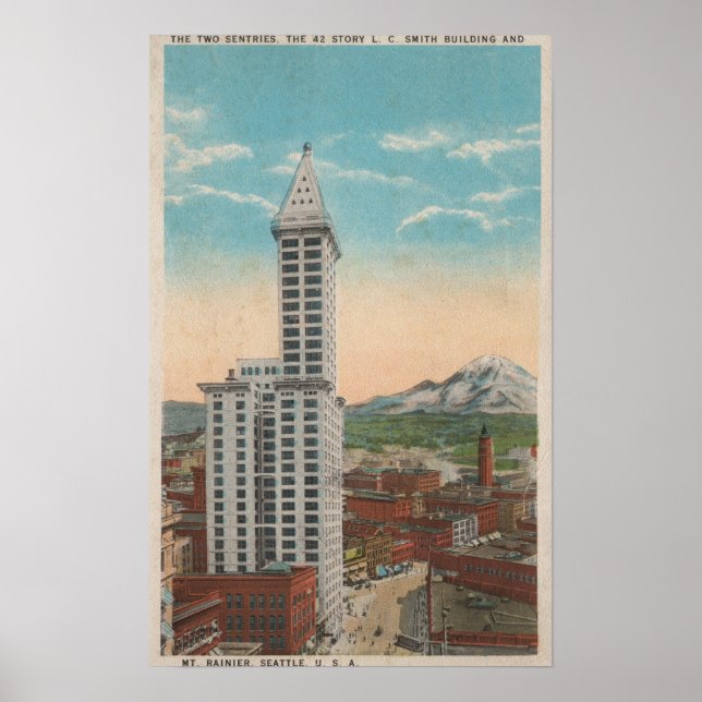 Affiche Seattle, WASmith Tower View & Mt Rainier (Devant)