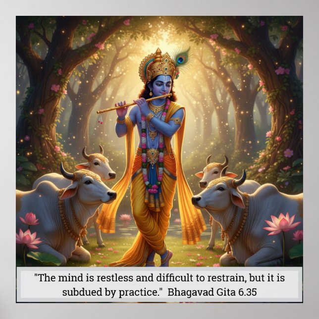 Affiche Seigneur Krishna Forêt de Vrindavan Jeu de Flûte D (Devant)
