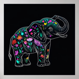 Affiche Sel Eléphant mignon avec ligne de fleurs colorées