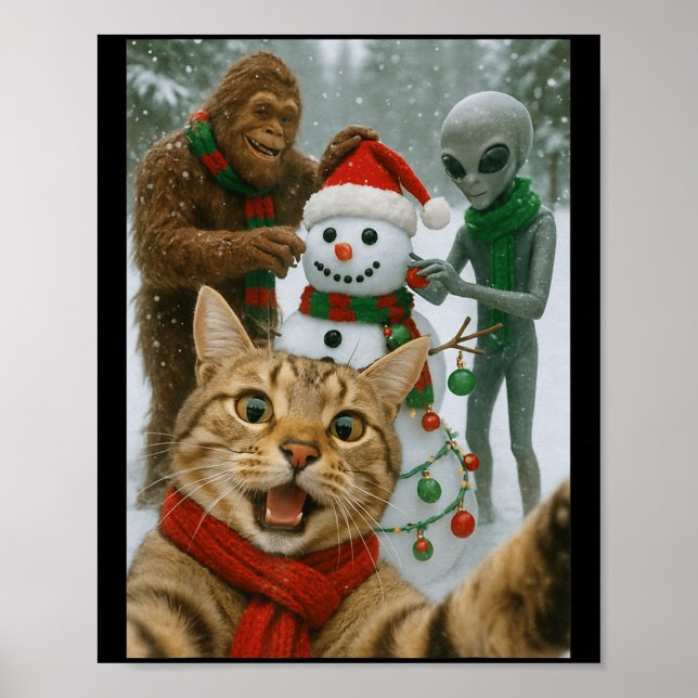 Affiche Selfie Chat De Noël Drôle Avec Alien Bigfoot &amp (Devant)