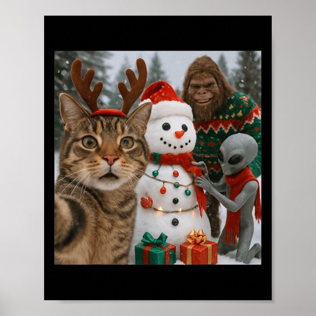 Affiche Selfie Chat De Noël Drôle Avec Alien Bigfoot &amp (Devant)