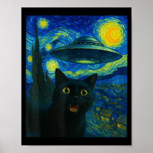 Affiche Selfie de chat avec un alien UFO nuit Van Gogh Hom