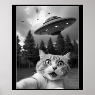 Affiche Selfie de chat drôle avec des drones Aliens UFO
