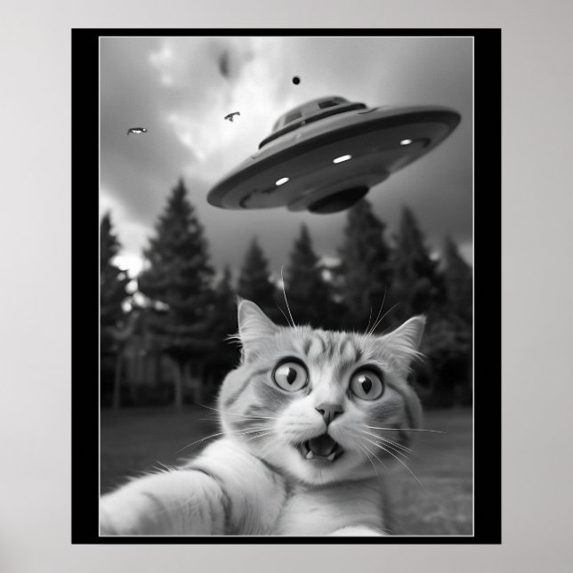 Affiche Selfie de chat drôle avec des drones Aliens UFO (Devant)