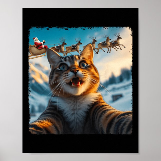 Affiche Selfie De Chat Drôle Avec Père Noël Sleigh Noël No (Devant)