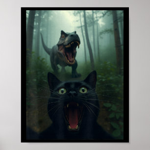 Affiche Selfie De Chat Noir Drôle Avec Forêt De Dinosaure 