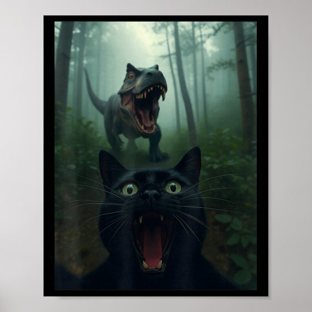 Affiche Selfie De Chat Noir Drôle Avec Forêt De Dinosaure  (Devant)